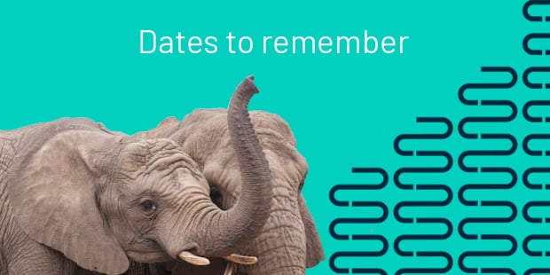 Elephant with dates to remember words overlaid on green background